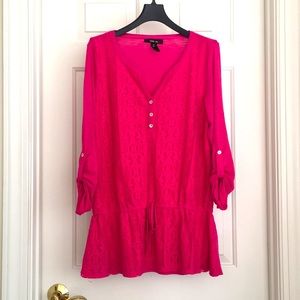 Style & Co. Top Medium Pink Lace Front Roll-tab sleeves